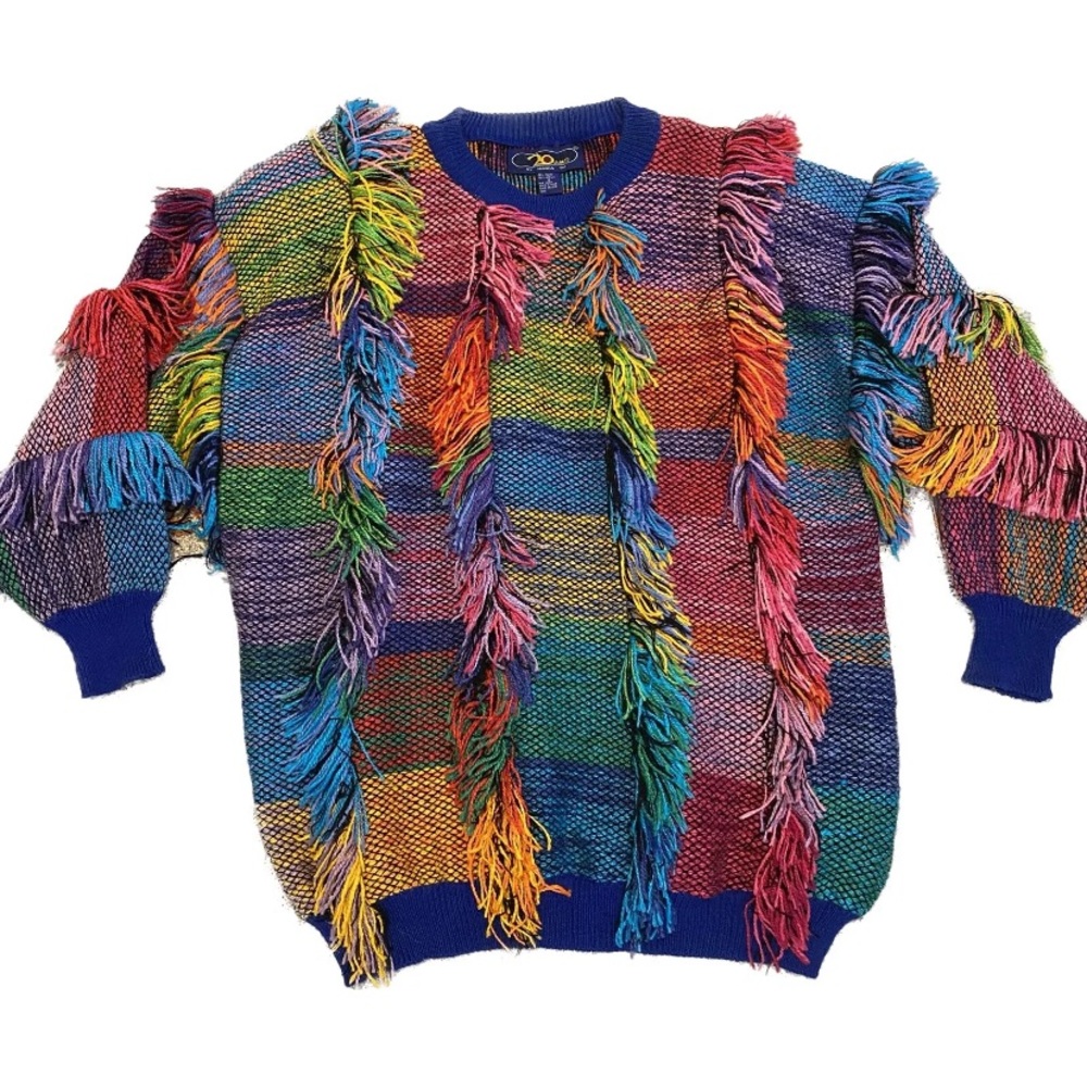 Vintage Shag Fringe Rainbow Colorful Funky 80s 90s Nostalgia Sweater Unique.